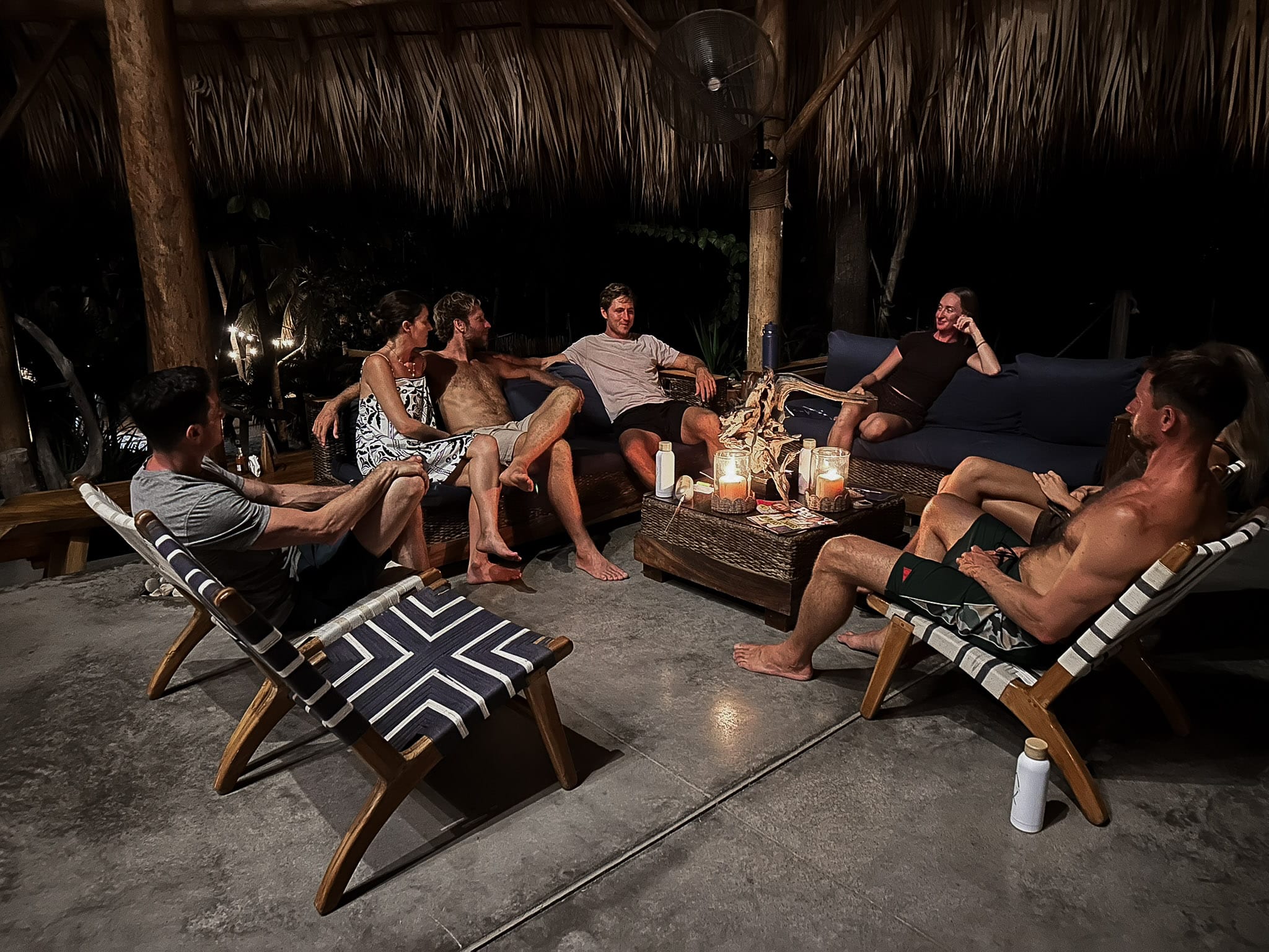 peop;e chatting at night at a small group Christian retreat